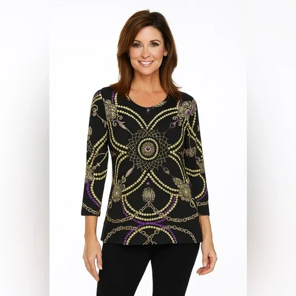 J. McLAUGHLIN Catalina Cloth Signature Tee 3/4 Sleeve Top Chain Jewels Small - Picture 1 of 11